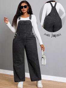Black Denim Pocket Elegant Jumpsuit Daily Plus Size Casual Outfit For Women Long Pants Straight Leg Jeans Summer Outfit