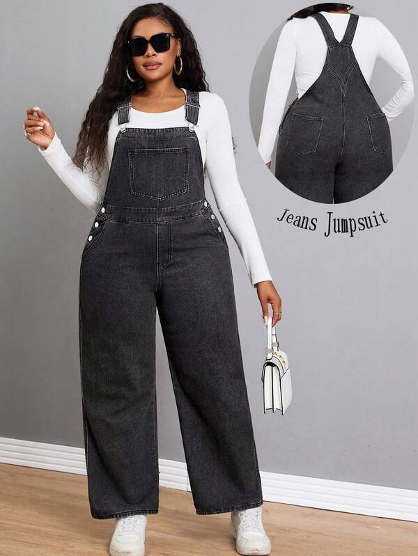 1pc Solid Color Denim Pocket Button Suspender Pants, Casual Autumn/Winter Plus Size Women Jeans