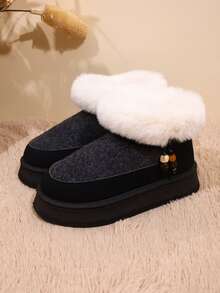 1 Pair Plus Size 36-42 Contrast Quilted Punk Preppy College Sports Avant-Garde Retro Cargo Style Faux Fur Lining Bowknot Faux Fur Edge Lace-Up Thick Sole Snow Boots, Suitable For Holiday, Outdoor, Winter