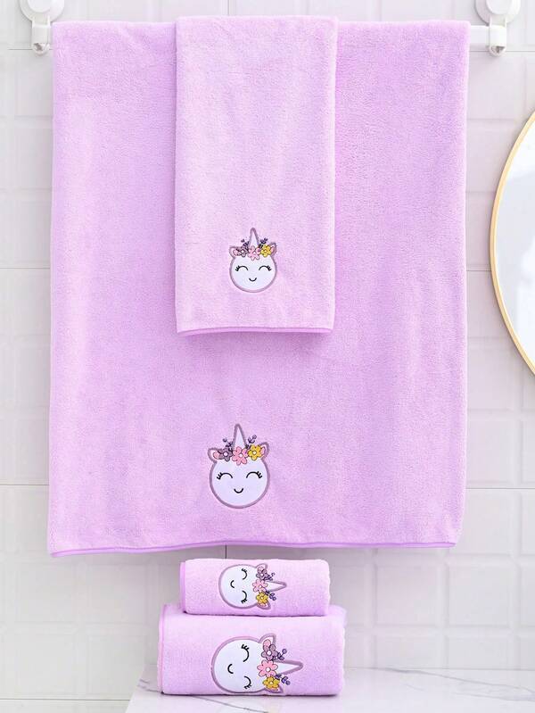 1pc Coral Fleece Soft Absorbent Quick-Dry Unicorn Embroidered Hair Towel/Bath Towel, Suitable For Washing Face, Bathing