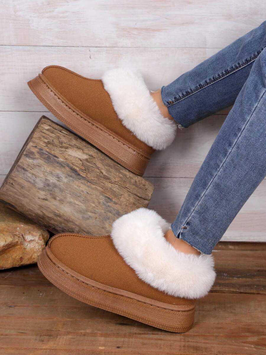 1 Paar Große Größen 36-42 Farbblock modische süße Western Stil Kunstfell gefüttert Flauschiger Rand Kunstfell Patchwork Dicke Sohle Schneestiefel, geeignet für Urlaub, Outdoor, Winter