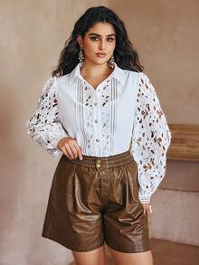 Women's Plus Size Elegant Lace Patchwork Floral Trim Button Front Long Sleeve Blouse, Autumn