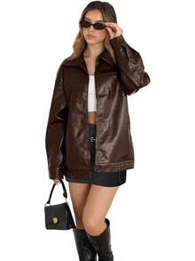 Womens Leather Jackets Faux Suede Oversized Fall Motorcycle Coats Fashion Winter Outfits Y2K Tops BPVW - 棕色 - 查看 9