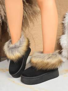 36-41 Faux Fur Lined Warm Thick Sole Snow Boots, Colorblock, Christmas, Punk Style Retro Fluffy Rhinestone Thick Sole Snow Boots, Suitable For Vacation & Outdoor Winter