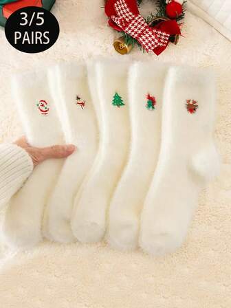 3/5 Pairs Women Elegant Fleece Christmas Socks - Mid-Calf Fuzzy Warm Winter Socks, Reindeer & Christmas Tree Pattern Design, Holiday Gift Indoor/Outdoor, Fun Christmas Socks, Cozy Embroidered Style, Soft Fabric, Comfortable Cold-Proof House Slipper Sleeping Socks