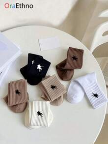 1/5 pares de calcetines de tripulación para mujer de diseño bordado de caballero, cómodos y casuales, que absorben la humedad, engrosados, divertidos, únicos, personalizados, sugerencia de regalo de otoño/invierno - Multicolor - Ver 2