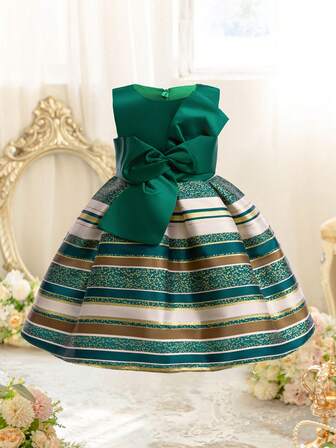 EHOMKIDS Girls Christmas Dress, Big Bow Decor Sleeveless Dress, Young Girl Wedding Party Formal Dress, Knee-Length Striped Dress