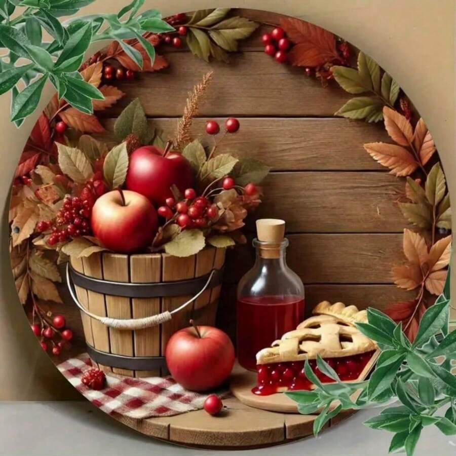 1pc Country Style Iron Apple Harvest Wall Plate, 20.32 X 20.32 Cm, Vintage Bucket Design, Home Decor For Kitchen, Living Room, Cafe, Bedroom, Waterproof And Temperature Resistant, Style Hole Patterns,Home Decor ,Room Decor,Wall Decor Gifts Birthday Graduation - 彩色 - 查看 1