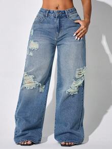 Low Waist Wide Leg Casual Blue Ripped Slanted Pocket Curved Women'S Jeans