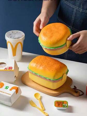 水果汉堡便当盒，便携式食物储存容器，设计可爱，适合学生和上班族，附带餐具