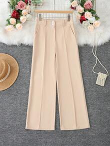 1pc Solid Color Polyester Button Pocket Zipper Women's Pants, Suitable For Holiday, Office, Home, Daily, Vacation, All Seasons Spring - Apricot - View 2