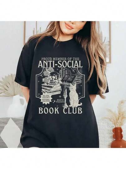 Bluze sport vintage pentru introvertiți, stil club de carte, tricouri închise la culoare cu mânecă scurtă și guler rotund, îmbrăcăminte de vară pentru femei, streetwear