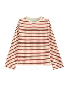 Women's Striped Round Neck Drop Shoulder Long Sleeve Casual Loose T-Shirt