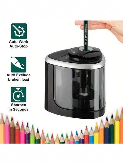1 Automatic Electric Pencil Sharpener - No Battery Required, Automatic Stop, Second Level Fast Grinding, Compact And Portable Design, Suitable For Schools, Offices, Art - Heavy-Duty Structure, Suitable For Students, Teachers, Professionals - Black Electric Pencil Sharpener, School Stationery, Fashionable Design, Precise Grinding, Office Personnel (Without Battery)