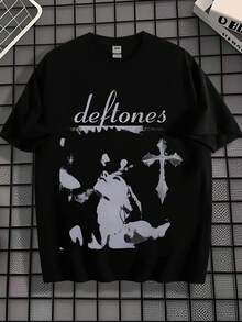 Classic Deftone Rock Print, Men's T-Shirt, Men's Retro Cross Art Print Loose Short Sleeved Shirt - 黑色 - 查看 1