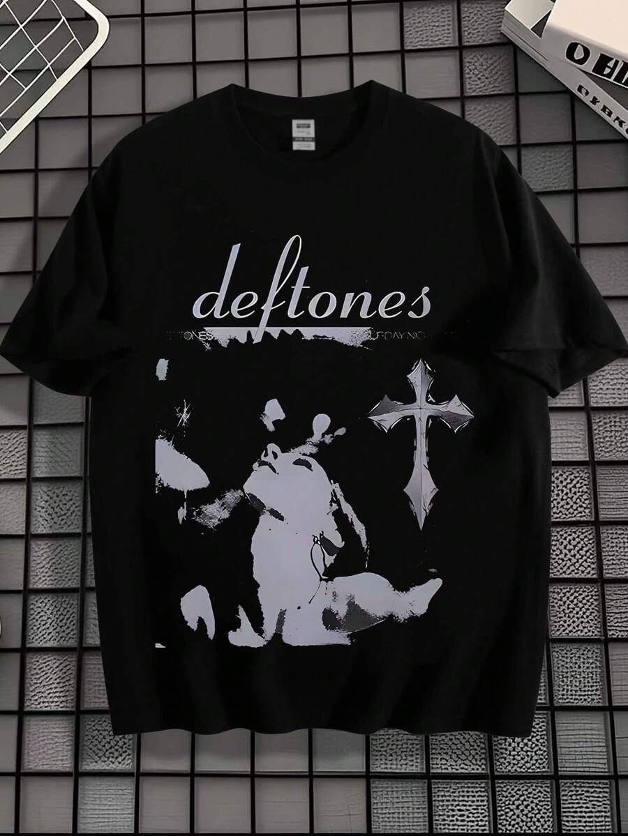 Classic Deftone Rock Print, Men's T-Shirt, Men's Retro Cross Art Print Loose Short Sleeved Shirt - 黑色 - 查看 1