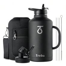 Water Bottle Insulated With Handle, Half Gallon Stainless Steel Metal Large Water Jug, Travel Flask With Straw Spout Lid, Wide Mouth Mug With Carry Pouch, Keep Cold - 黑色 - 查看 1