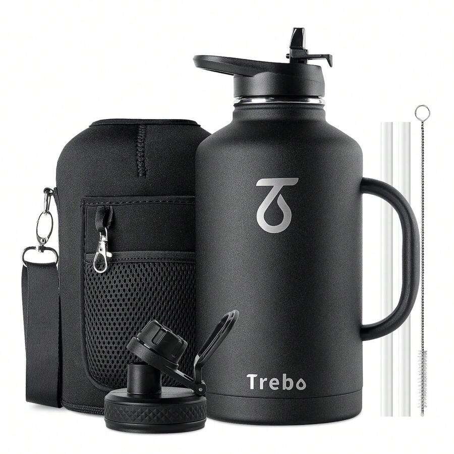 Water Bottle Insulated With Handle, Half Gallon Stainless Steel Metal Large Water Jug, Travel Flask With Straw Spout Lid, Wide Mouth Mug With Carry Pouch, Keep Cold - 黑色 - 查看 1