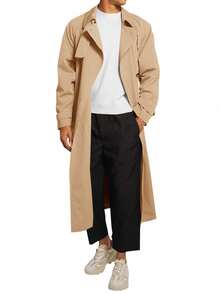 Men's Lightweight Double Breasted Trench Coat Belted Windbreaker Lapel Casual Overcoat - 卡其色 - 查看 3