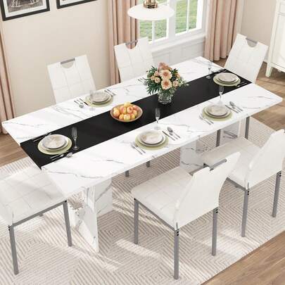 71 Inch Rectangular Dining Table For 6-8 People, Farmhouse Wood Kitchen Table With Wooden Legs, Farmhouse Center Kitchen Table For Dining Room, Kitchen & Living Room