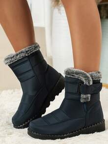 FZY New 2026 Winter Women's Ankle Boots And Short Boots: Stylish, One-Piece Mid-Calf Platform Boots With Adjustable Elastic Heels And A Thick, Fashionable Flannel Edging, Perfect For Winter Outdoor Activities And Can Be Paired With Valentine's Day Outfits. Available In Black, Red, Grey, And Blue. Women's Winter Clothing. A Top Choice For Valentine's Day Gifts. Stylish, Warm Black Ankle Boots; Comfortable And Versatile Low-Heeled Shoes; One-Piece Boots. Avant-Garde Elongated Women's Boots; Comfortable And Durable Concealed Wedge Boots. - 藍色 - 查看 5