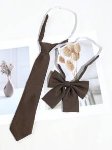 2 件女士时尚纯色黑/棕/红/绿/藏青色校服风格颈带和领结套装，适合搭配衬衫圣诞节