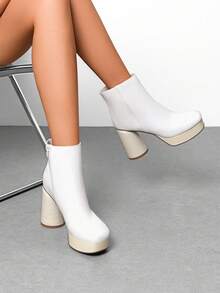 Women's Retro-Modern Square Toe Chunky Round Heel Ankle Boots With Lightweight Platform, Perfect For Daily Outings - White - View 1