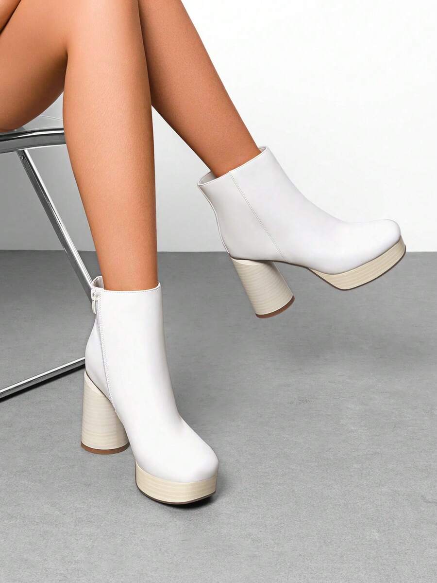 Women's Retro-Modern Square Toe Chunky Round Heel Ankle Boots With Lightweight Platform, Perfect For Daily Outings - White - View 1