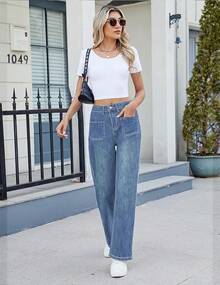 Wide Leg Jeans Straight Leg Jeans Baggy Denim Pantshalloween - 中號藍色-長 - 查看 6