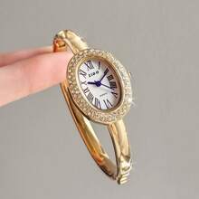 Luksusowy damski zegarek w stylu vintage z bransoletą kryształową, modny, minimalistyczny, elegancki, wodoodporny zegarek kwarcowy ze stali nierdzewnej, odpowiedni do noszenia na co dzień, prezent urodzinowy - Złoto - Zobacz 3