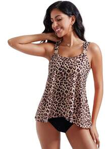 High Waisted Ruffle Tankini Swimsuit Plus Size Tummy Control - Leopard - View 2