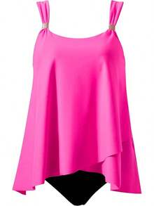 High Waisted Ruffle Tankini Swimsuit Plus Size Tummy Control - Rose Pink - 查看 5