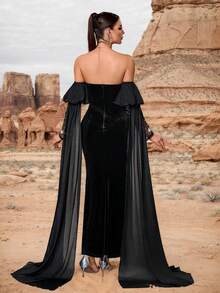 Women's Strapless Heavily Beaded & Embellished Velvet Mermaid Maxi Dress, Elegant Long Formal Gown For Multiple Occasions - Black - View 2