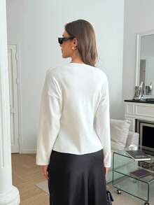 FOR BEAUTY V-Neck White Long Sleeve Knit Cardigan, Women/Girls New Fashion Elegant Soft Solid Color Jacket, Versatile For Daily, Commute, Casual, Loose Fit, Sweater Top - White - View 3
