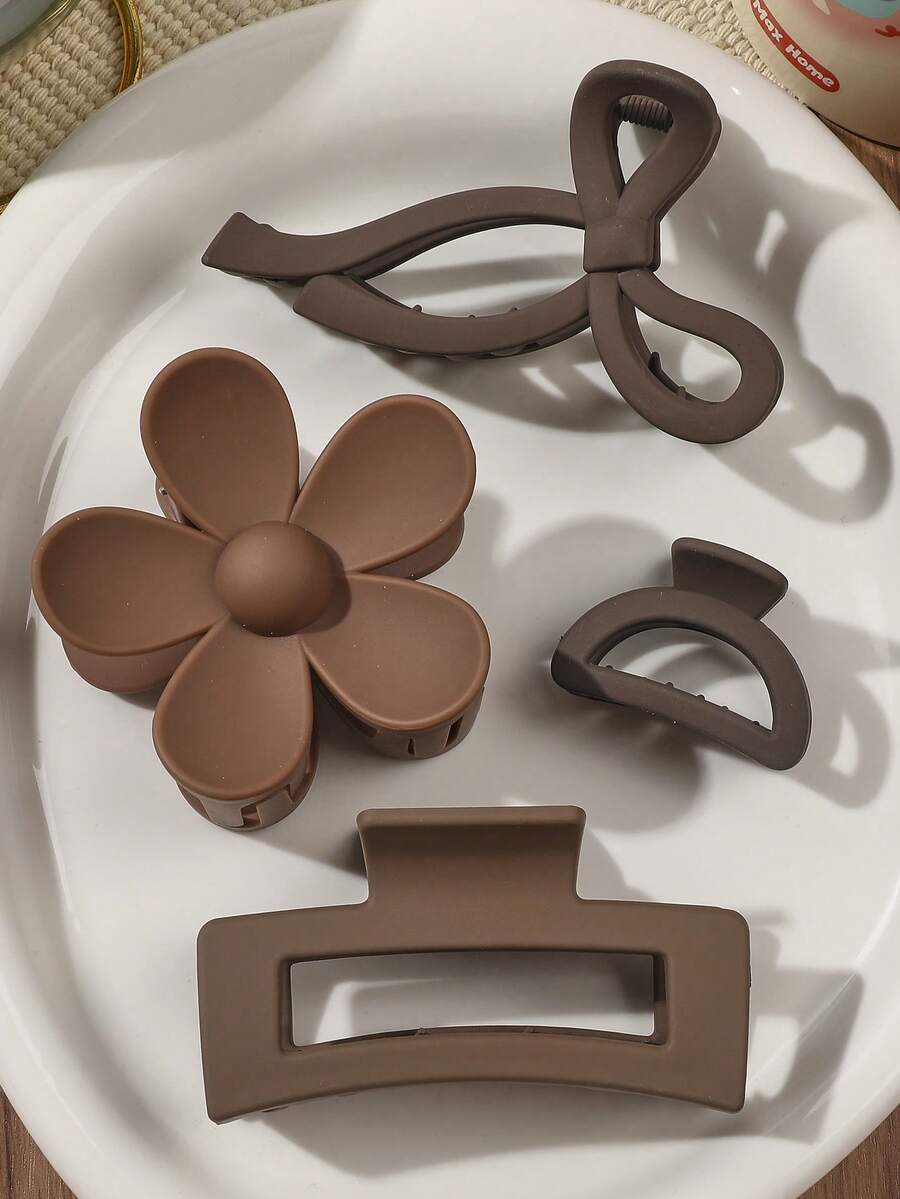 4pcs/Set Bohemian Sweet Dark Coffee Matte Butterfly Flower Square Hair Clips, Beach Accessories Fall Fashion Claw Clips Autumn Hair Accessories Elegant Hair Claw Hair Clutch Clips For Hair Winter For Vacation Outfits Woman Hair Bows