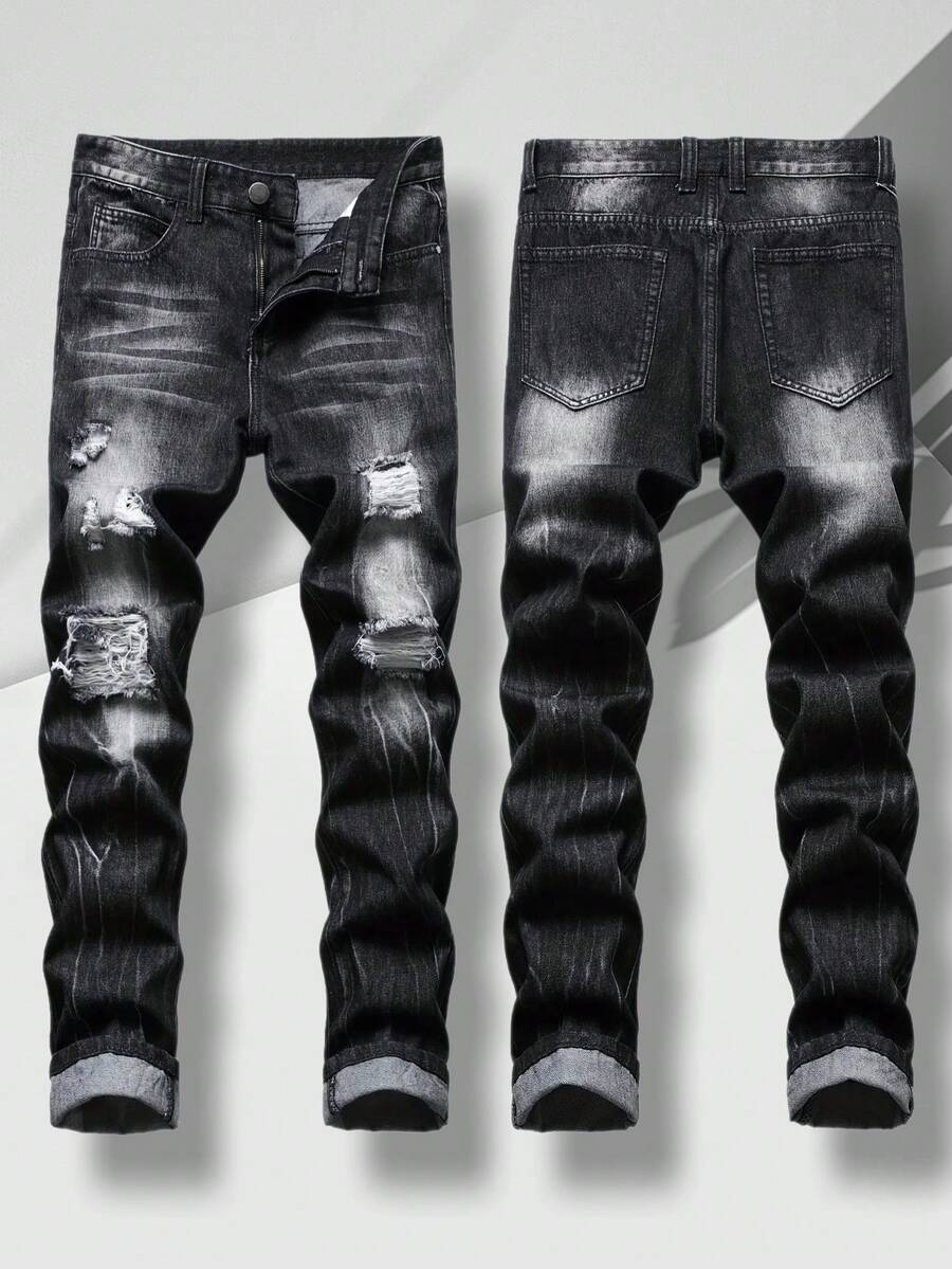 1 Pair Of Men's Jeans, Ripped Denim Street Pants, Slim Fit, Black Ripped Men's Jeans Suitable For All Seasons - Black - View 1
