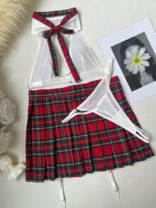 Teacher Cosplay Naughty Outfit See-Through Skirt Mesh Underwear Jk Uniform Playful Underwear Sexy Bra - Red and White - View 3