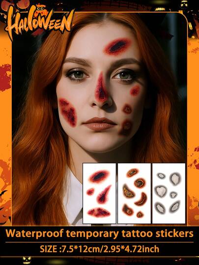 3pcs Halloween Tattoo Stickers, Fake Tattoos, Temporary Tattoos, Scar & Blood Pattern, Colorful Waterproof Sweatproof, Disposable, Suitable For Women And Adults, Can Be Used On Face, Arms, Waist, Chest, Legs, Abdomen, Neck, Hands, Fingers, Back, Suitable For Dance Party Stage Performance, Modern Body Painting