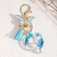 Fashionable Butterfly Tassel Flower Initial Keychain For Girl And Ladies, Blue Cute Dry Flower Dandelion Letter Key Chain, Backpack/Handbag Decoration Gift Bag Accessories Lanyards With Id Holder Car Accessories Bag Charms Christmas Car Accessories Teacher Friend Sister Gift Ideas
