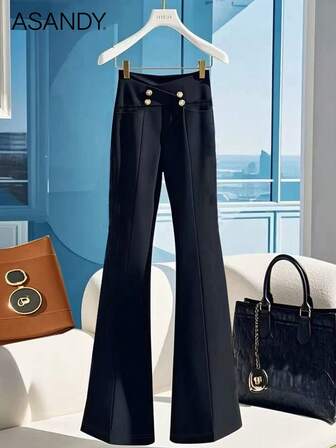 Pantalon large à jambes évasées de couleur unie pour femmes en automne-hiver - double rangée de faux boutons avec design de taille croisée, pantalon évasé rétro pour le bureau et la vie quotidienne