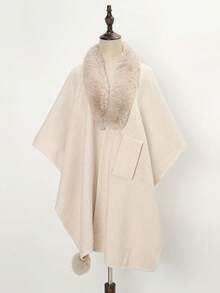 1 pièce Poncho châle à col en fourrure, couleur unie, avec cordon de serrage et gland, pour l'hiver, pour femmes - Multicolore - Voir 7