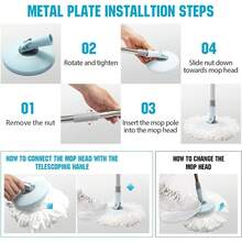 Spin Mop And Bucket With Wringer Set, 360° Spinning Mop Bucket System With 3 Microfiber Mop Replacement Heads And 50" Stainless Steel Adjustable Handle For Floor Cleaning (15QT) - 藍色 - 查看 6