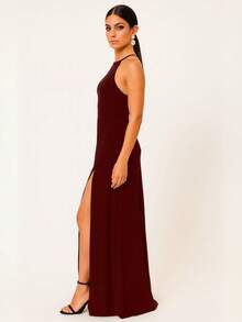 Long Sleeve Party Dress Long Bridesmaid Wedding Slit - 紅木色 - 查看 2