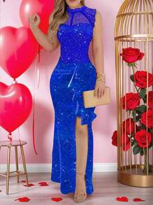 无袖蕾丝拼接性感纯色高开衩优雅荷叶边亮片长款派对连衣裙，女士情人节夏季礼物 - 藍色 - 查看 2