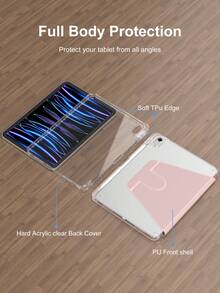 Funda giratoria compatible con iPad de 5.ª/6.ª/7.ª/8.ª/9.ª/10.ª/11.ª generación, Mini 6.ª/7.ª generación, Air 1.ª/2.ª/3.ª/4.ª/5.ª/11 pulgadas (M2)/11 pulgadas (M3)/13 pulgadas (M2)/13 pulgadas (M3) generación, Pro 12.9 pulgadas (3.ª/4.ª/5.ª/6.ª generación) con soporte incorporado para Apple Pencil, rotación de 360 grados, funda protectora de pie, tapa trasera transparente, activación/suspensión automática - Transparente acrílico y rosa