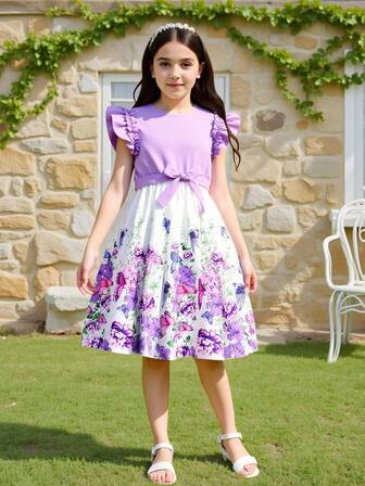 Tween Girls Ruffle Trim Patchwork Digital Printed Cinched Waist Waist Dress