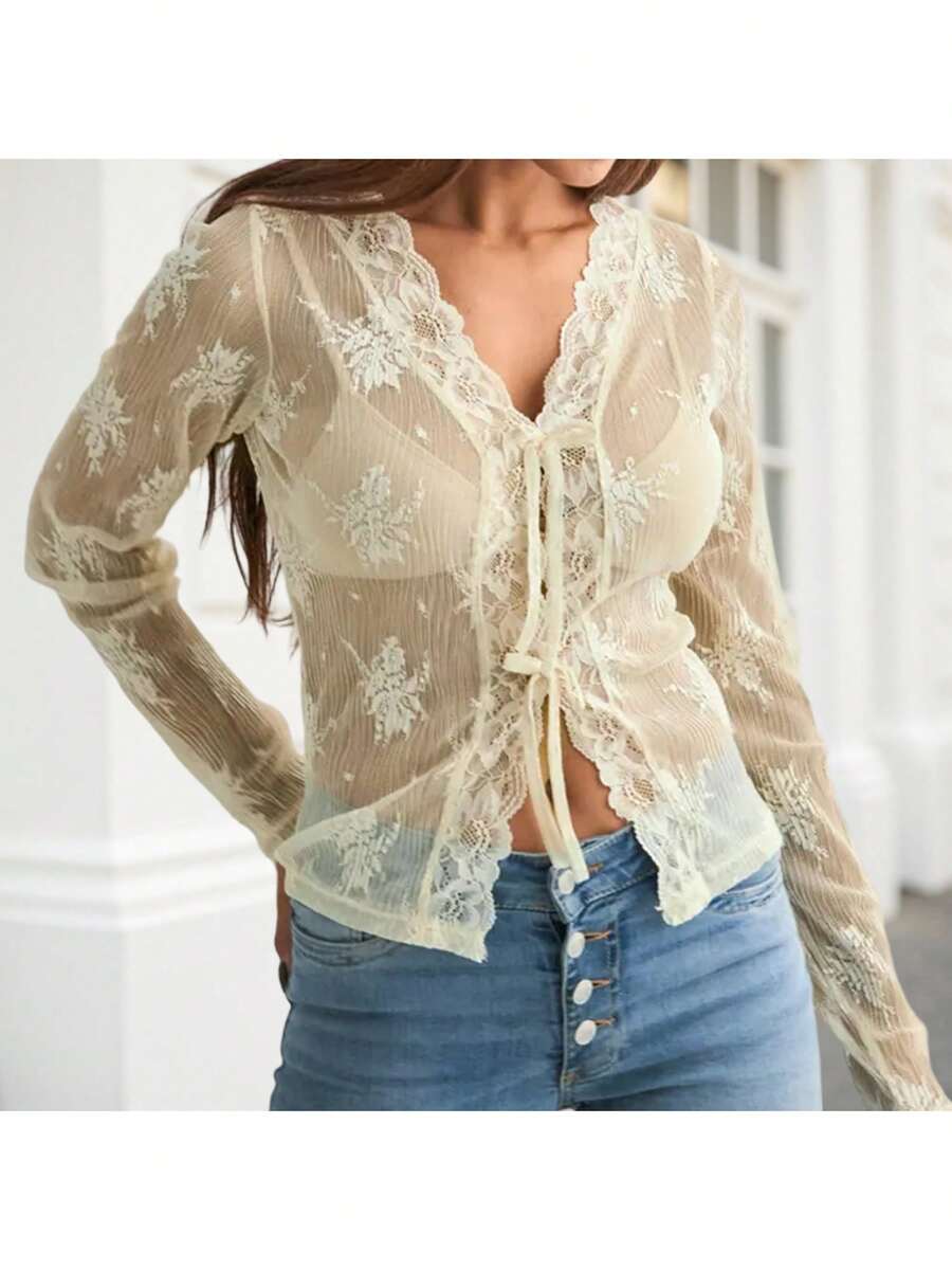 Womens Tie-Up Front Tops Long Sleeve V Neck Slim Fit Sheer Lace Shirts Spring Fall Blouses - White - View 1