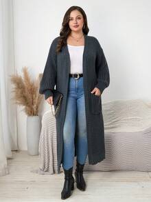 Plus Size Midi Cardigan With Pockets, Long Drop Shoulder Sleeves, Rib Knit Slit Hem, Soft Fabric