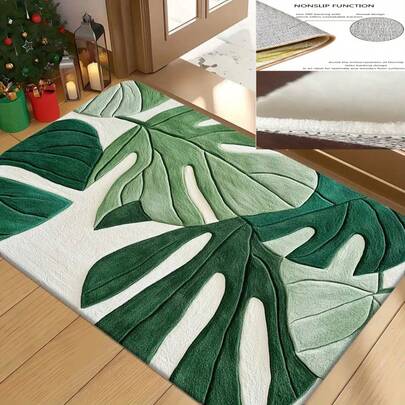 1pc Tropical Green Leaf Pattern Bath Mat, Small Area Rug Suitable For Living Room, Bedroom, Kitchen, Office, Bathtub, Shower, Bathroom Decor, Soft Plush Plush Surface, All Season, Plush Shag Rug, Lovely Home Decor. Ideal For Bathroom Or Bedroom Decoration, Bathroom Decor And Accessories, Suitable For Home Entrance Decoration