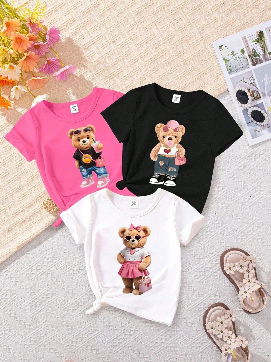 Playful Pals 3 piezas/set de blusas con estampado de oso para niñas bebés, primavera/verano - Multicolor - Ver 1